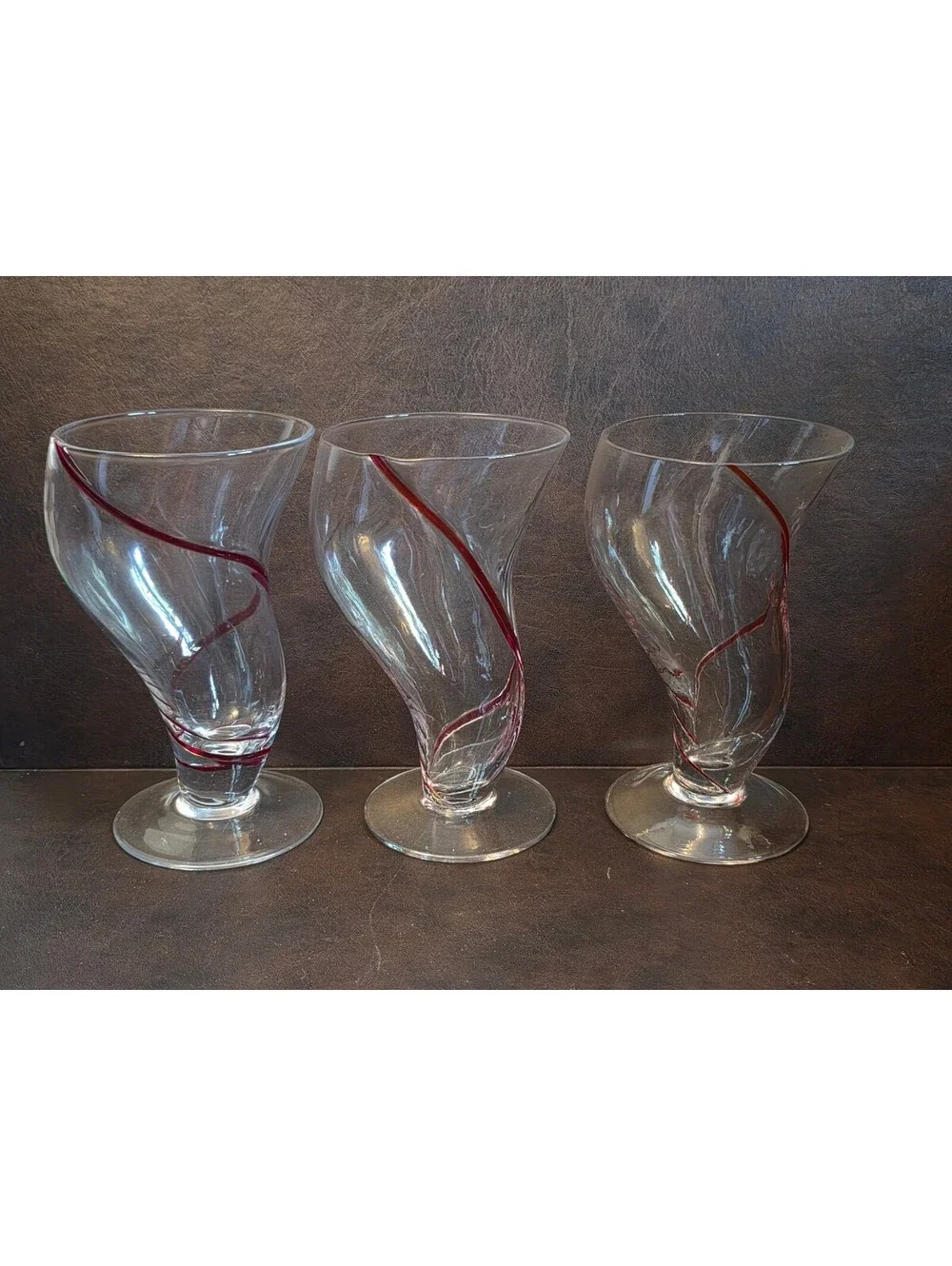 Set of 3 PIER 1 Swirline Red Curved Milkshake or Cocktail Glasses 6.5”  16 oz